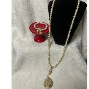 Chico's Long  Faux Pearl Gold Tone Necklace & Bracelet Set Holiday Party Gift